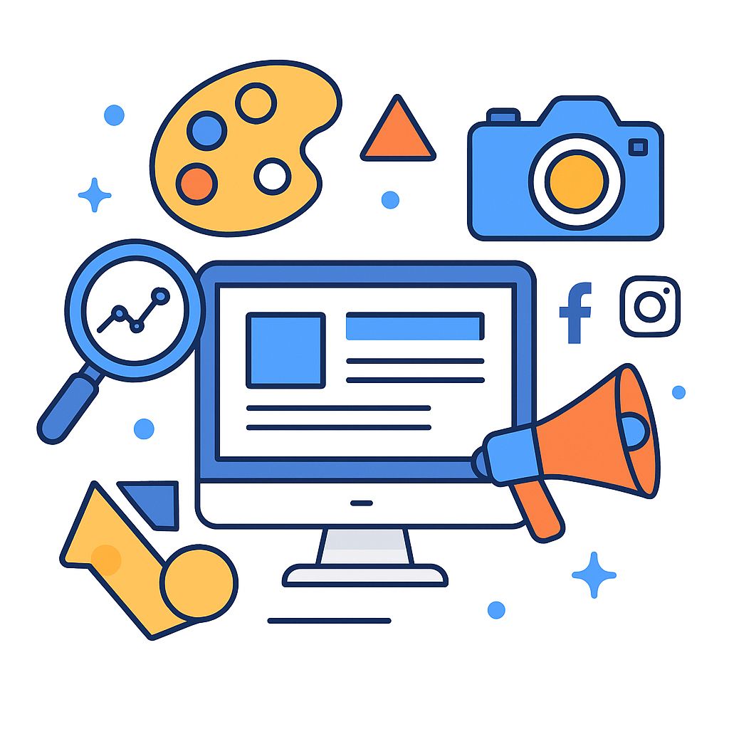 Flat 2D illustration on white background showing a computer monitor with webpage, magnifying glass with graph, artist’s palette, camera, and megaphone with social media icons, symbolising websites, SEO, branding, photography, and digital ads.